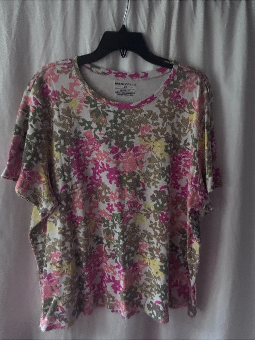 Basic Editions Pink Floral Short Sleeve Tee with Green and Yellow Accents